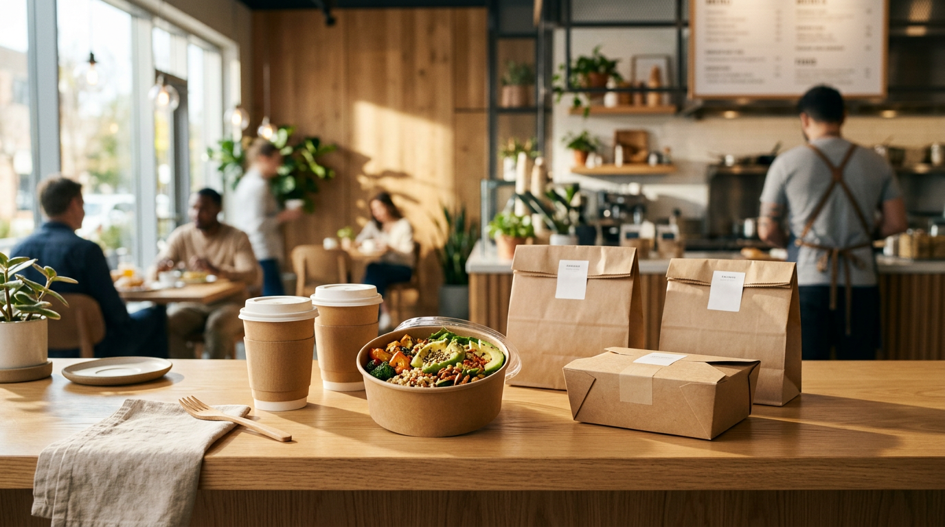 Cases of food-service packaging stocked for wholesale orders