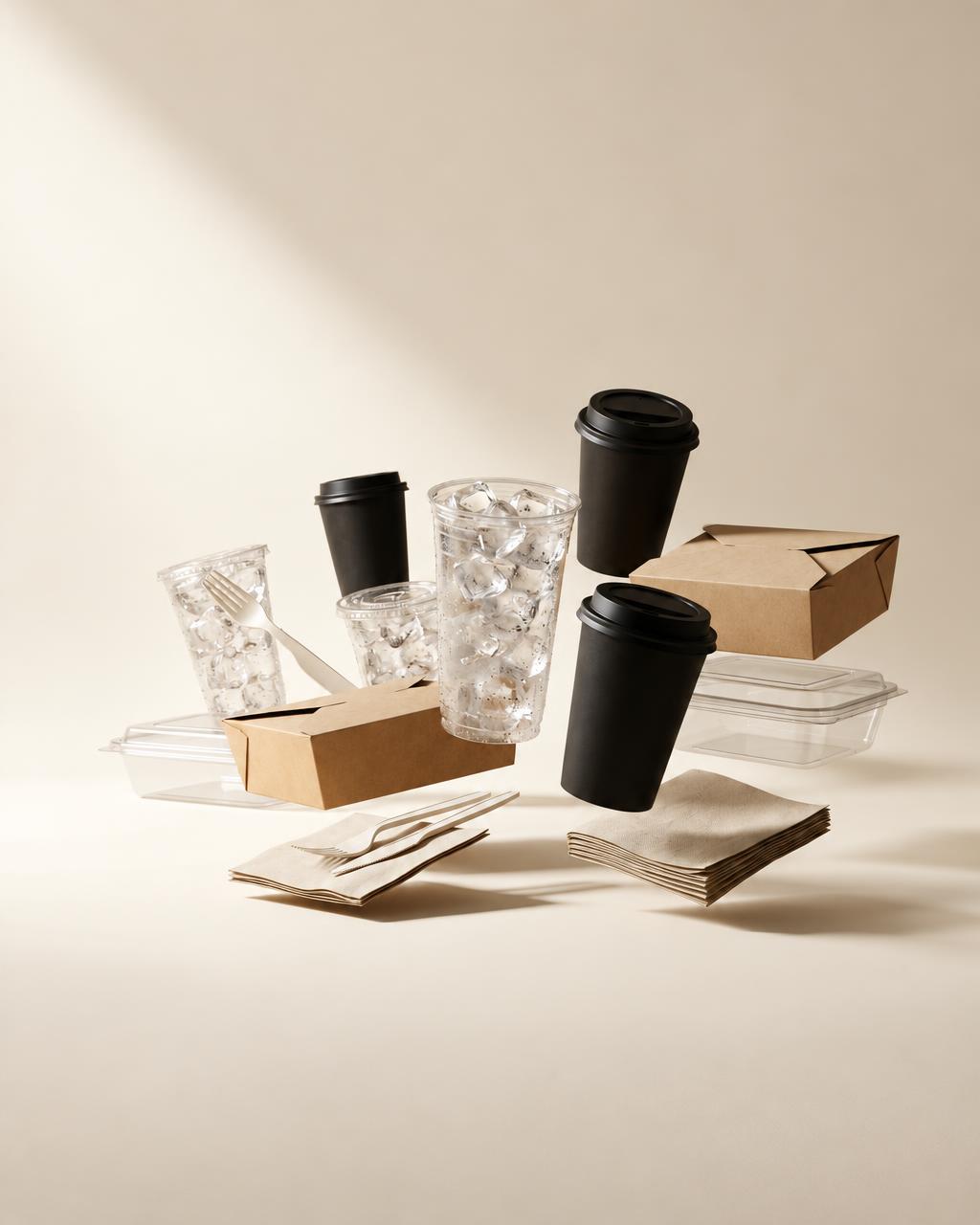 Cups, containers and food-service packaging arranged for a kitchen
